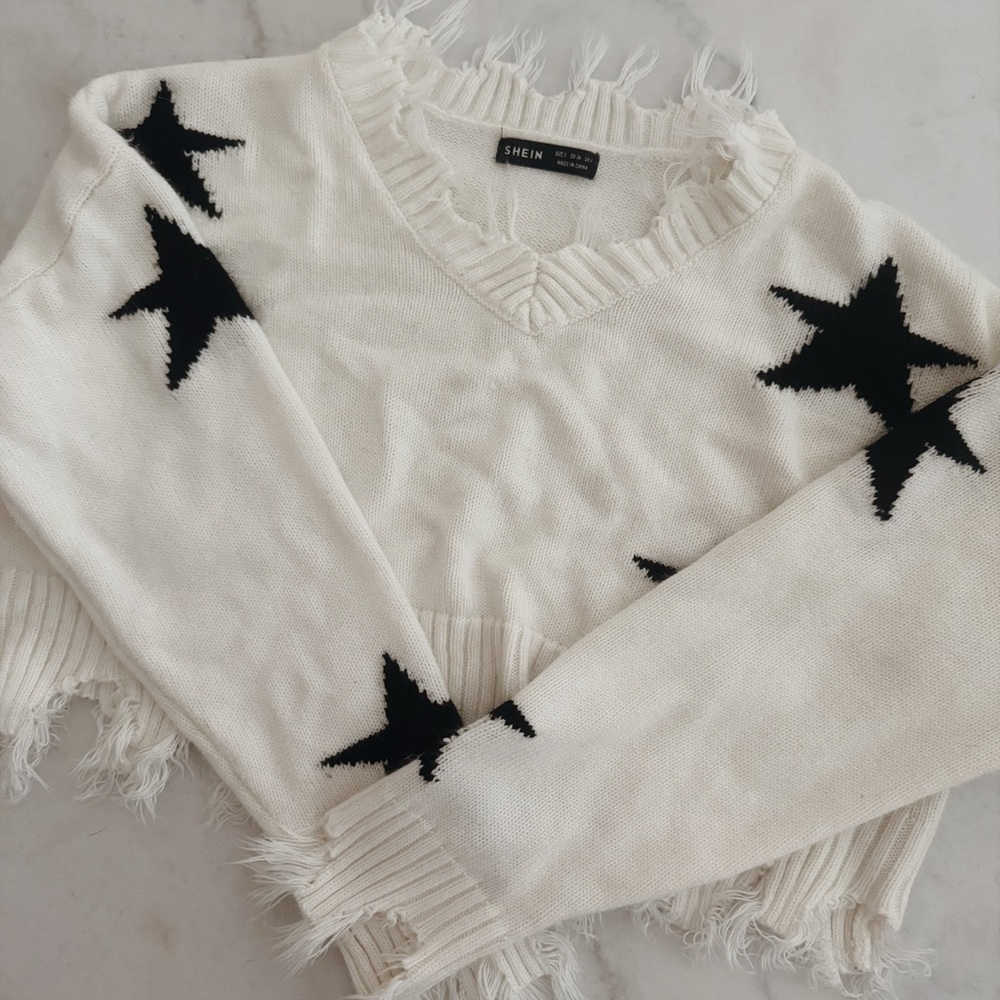SHEIN White Sweater with Black Star Design